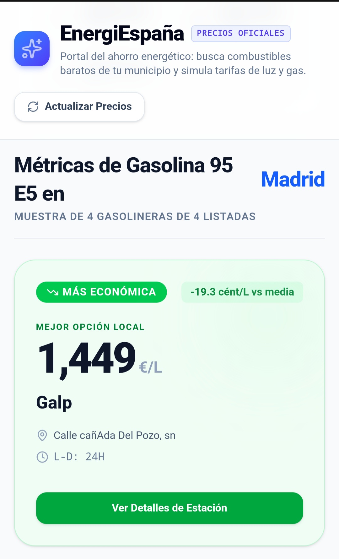 Pantalla del comparador energético